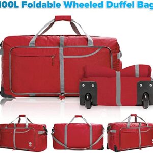 Bago Rolling Duffle Bag with Wheels - 30" 100L Foldable Weekender Bag, Waterproof Travel Duffel Bag, Heavy Duty lightWeight Duffle Bag for Traveling, Rolling Duffel Bag with Wheels (Red)