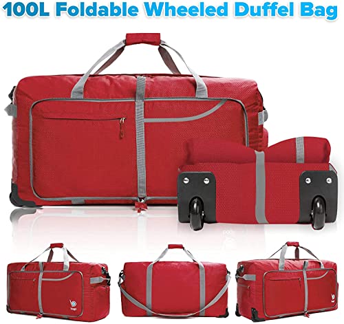 Bago Rolling Duffle Bag with Wheels - 30" 100L Foldable Weekender Bag, Waterproof Travel Duffel Bag, Heavy Duty lightWeight Duffle Bag for Traveling, Rolling Duffel Bag with Wheels (Red)