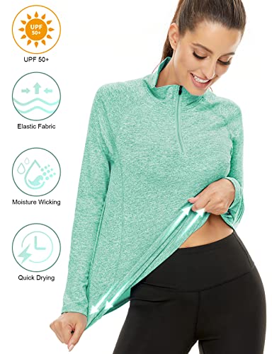 LURANEE Womens Long Sleeve Tee Shirt, Activewear Tops Workout Jackets Quarter Zip Pullover Athletic Yoga Running Tees Winter Petite Pilates Tennis Clothes Green 2XL