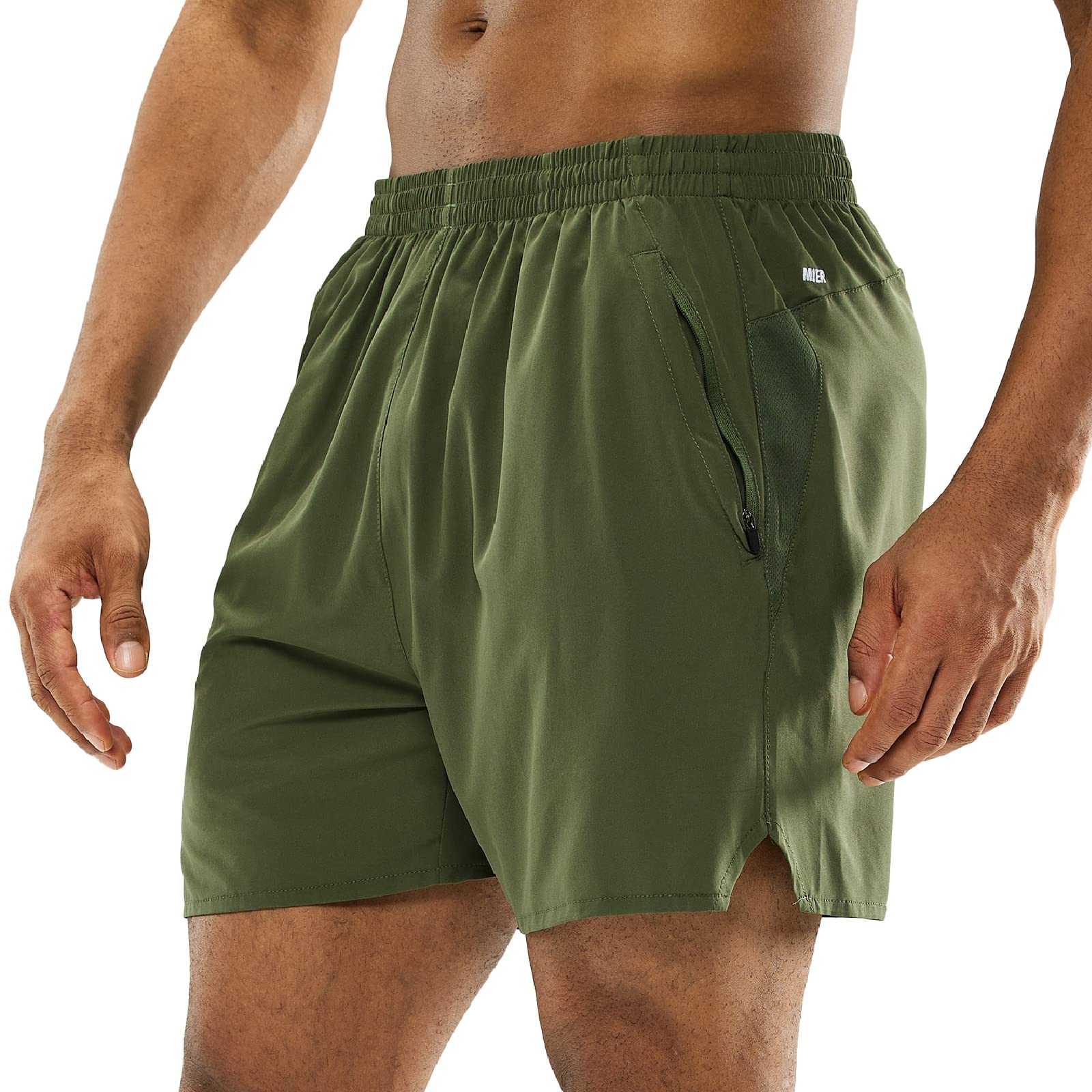 MIER Men's Quick Dry Running Shorts Comfortable Gym Shorts with Zipper Pockets, No Liner, Army Green, M