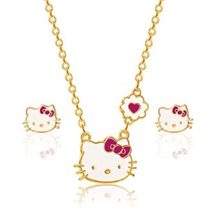 Hello Kitty Sanrio Girls Jewelry Set - Flash Plated 18+3 Necklace and Stud Earrings Officially Licensed