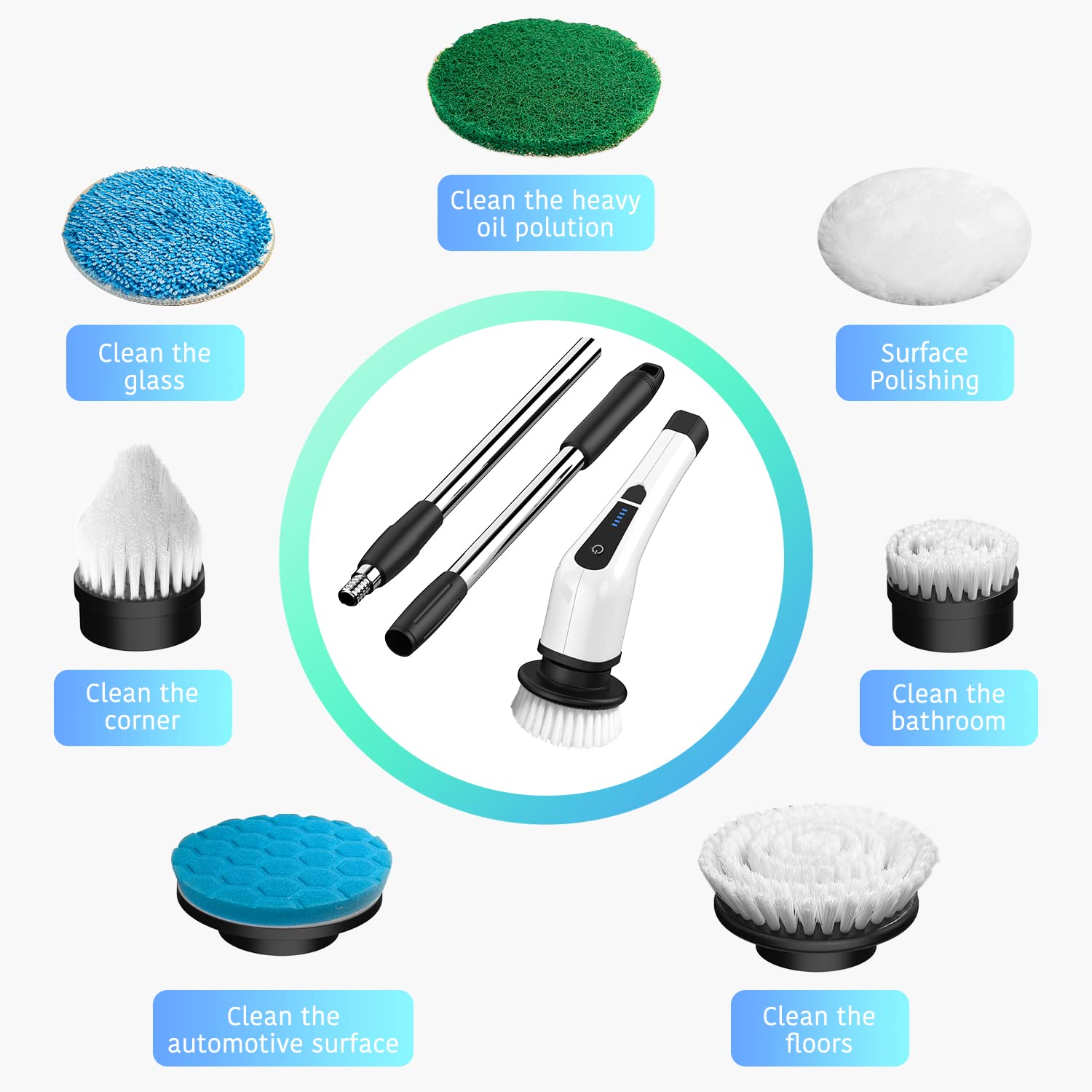 Electric Spin Scrubber, Electric Bathroom Cleaning Brush, LHPY Upgraded Version with 7 Replacement Brush Heads and Extension Handle, Suitable for Cleaning Walls, Floors, bathrooms, Kitchens, Cars