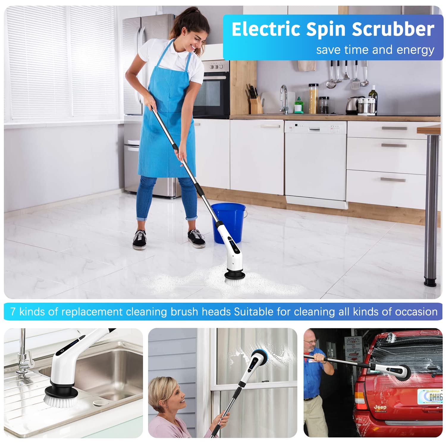 Electric Spin Scrubber, Electric Bathroom Cleaning Brush, LHPY Upgraded Version with 7 Replacement Brush Heads and Extension Handle, Suitable for Cleaning Walls, Floors, bathrooms, Kitchens, Cars