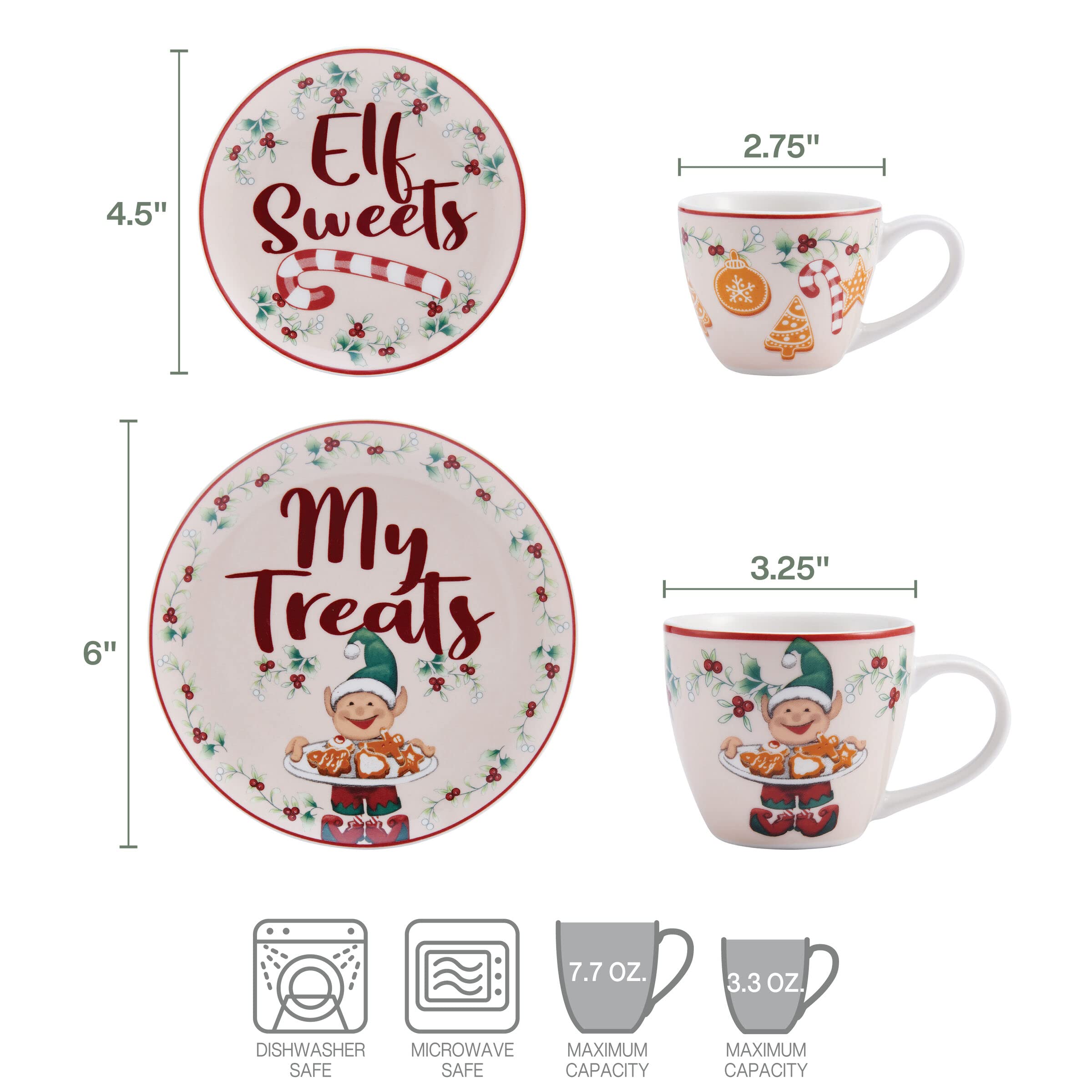 Pfaltzgraff Winterberry Elf Holiday Mug and Cookie Plate Child Gift Set, 4 Piece Set