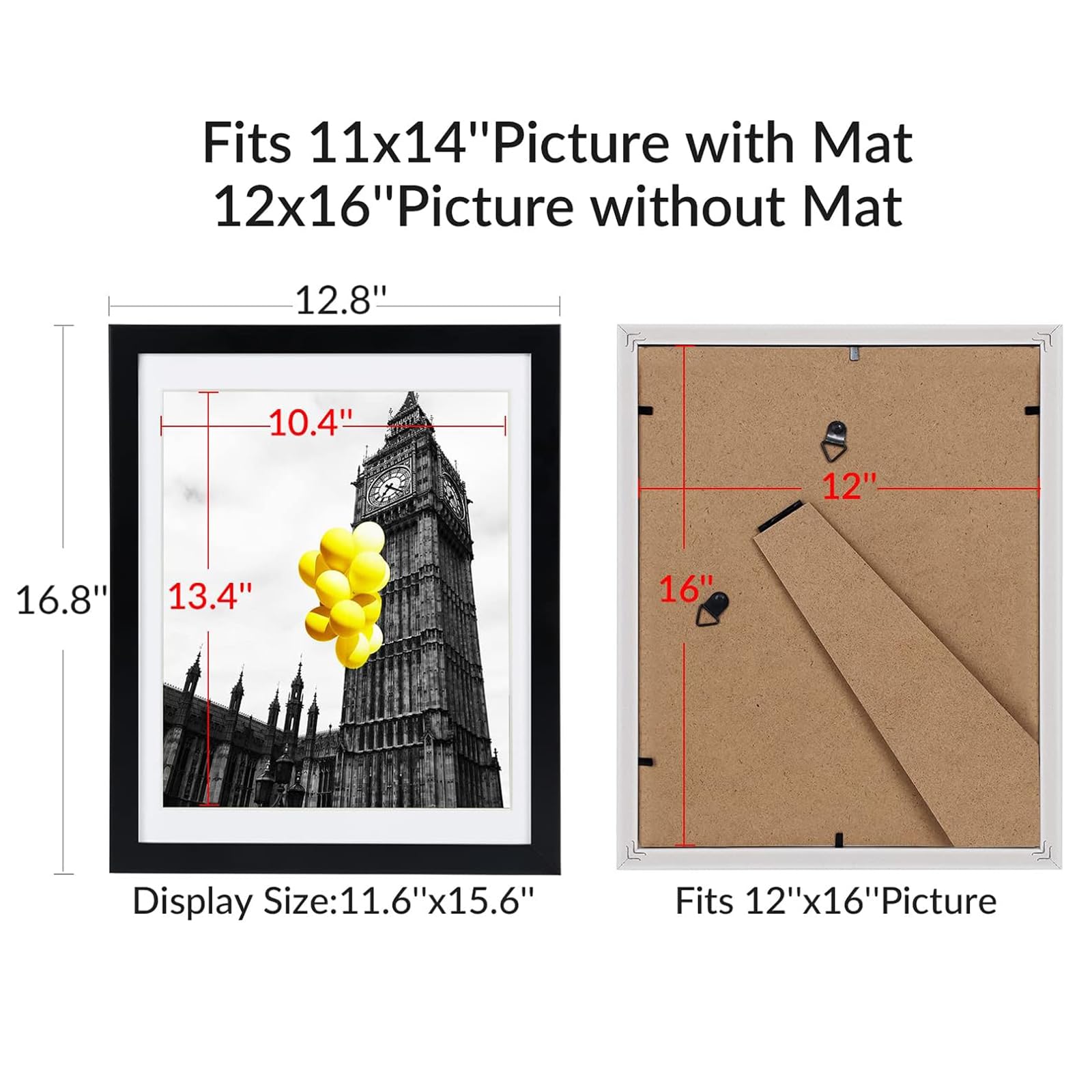 BSRHOME 12x16 Picture Frames Set of 2 with Plexiglass, Display Pictures 11x14 with Mat or 12x16 Without Mat for Tabletop Display and Wall Mounting，Black