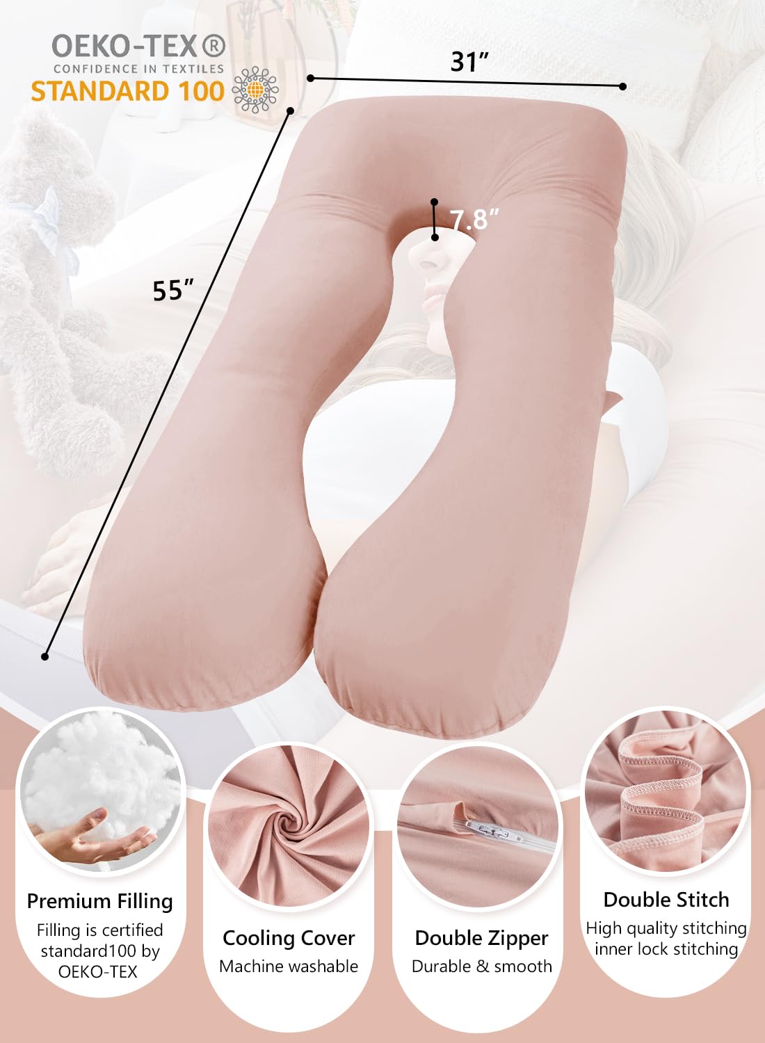 Meiz Cooling Pregnancy Pillows for Sleeping, Maternity Body Pillow for Pregnant Woman, U Shaped, with Cooling Jersey Cover