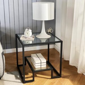 Black Metal Glass Coffee Table - Simple End Table for Living Room Home, Minimalist Metal Style Coffee Table with 2 Shelves, 21 inch Small Modern Side Table for Bedroom, Dinning Room,Office