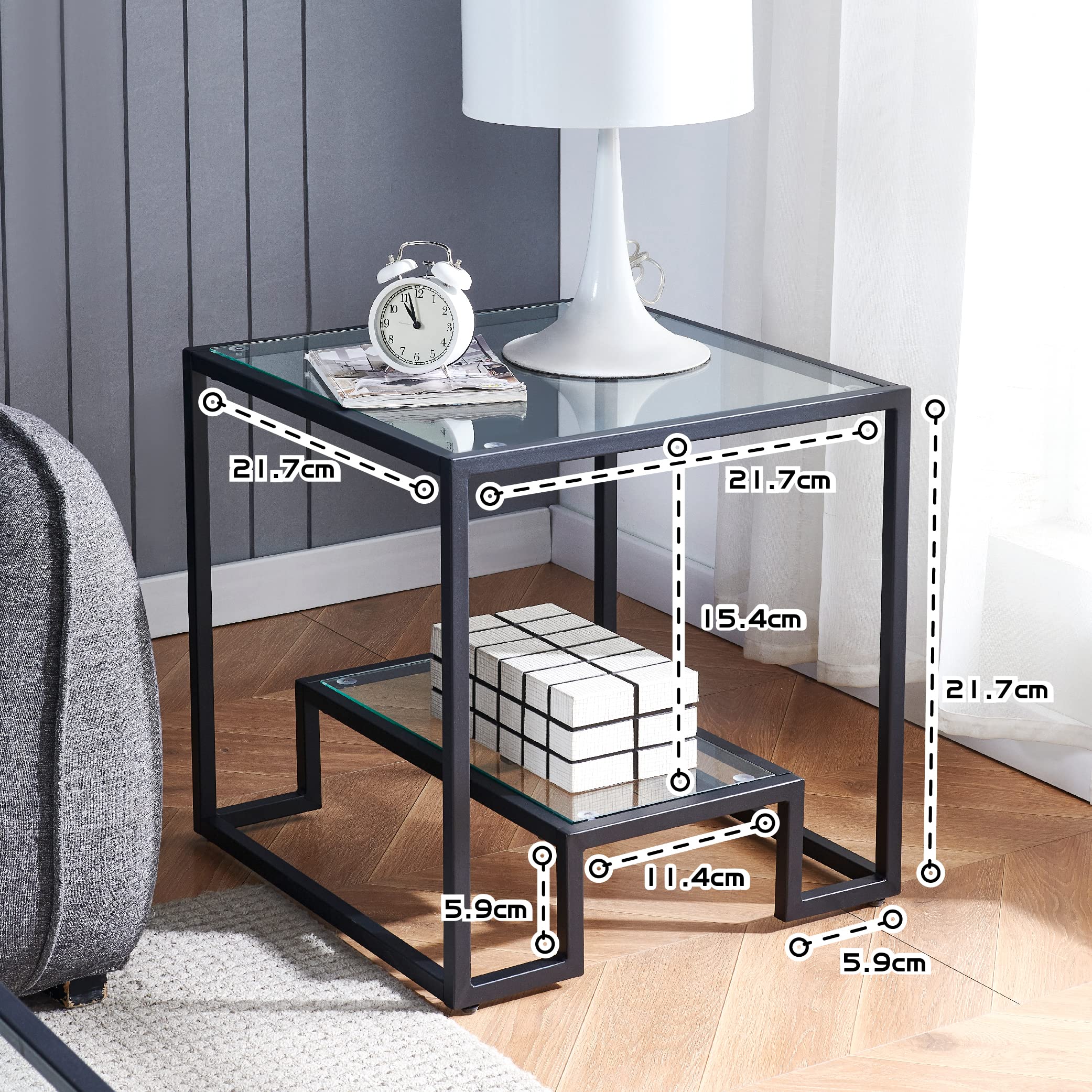 Black Metal Glass Coffee Table - Simple End Table for Living Room Home, Minimalist Metal Style Coffee Table with 2 Shelves, 21 inch Small Modern Side Table for Bedroom, Dinning Room,Office