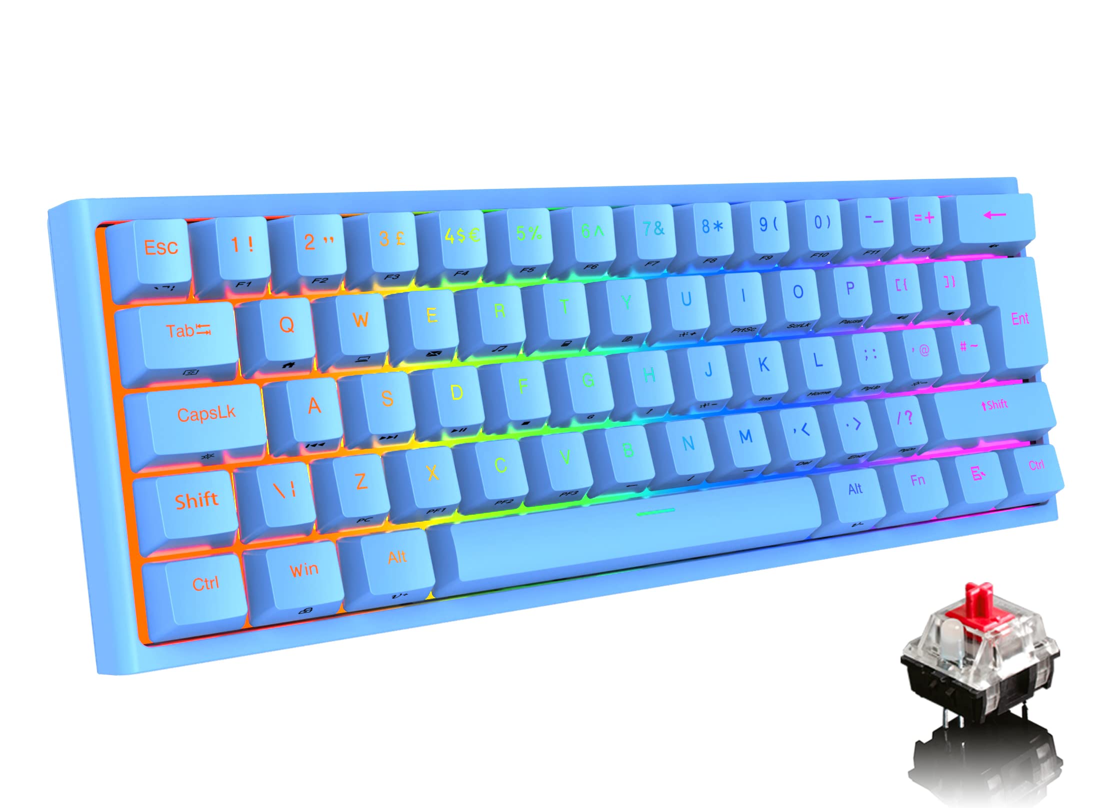 FELICON 60% Portable Mechanical Gaming Keyboard, 62 Keys Ultra-Compact Mini Keyboard, Red Switch, RGB Customization Backlit, Wired Type-C USB for for PC/Win/PS4/Xbox (Blue)