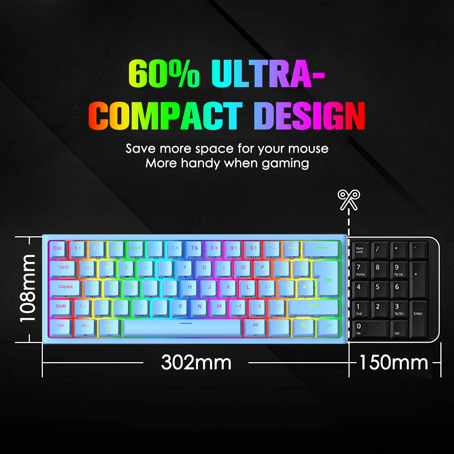 FELICON 60% Portable Mechanical Gaming Keyboard, 62 Keys Ultra-Compact Mini Keyboard, Red Switch, RGB Customization Backlit, Wired Type-C USB for for PC/Win/PS4/Xbox (Blue)