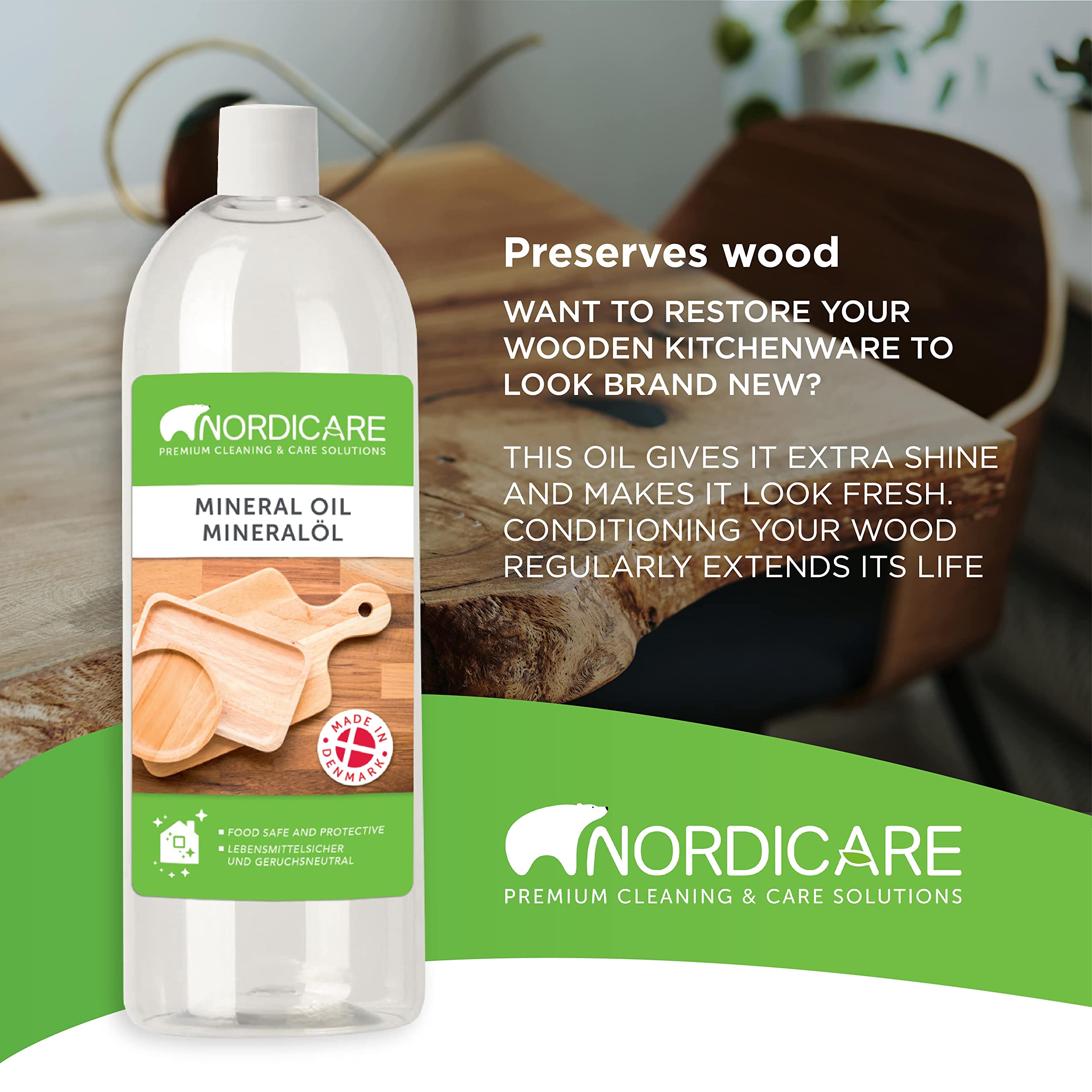 Nordicare Food Grade Mineral Oil - Tasteless and Odourless Cutting Board Oil - Suitable for Wood and Bamboo Countertops, Cutting Boards and Blocks, Stainless Steel, Stone (34oz)