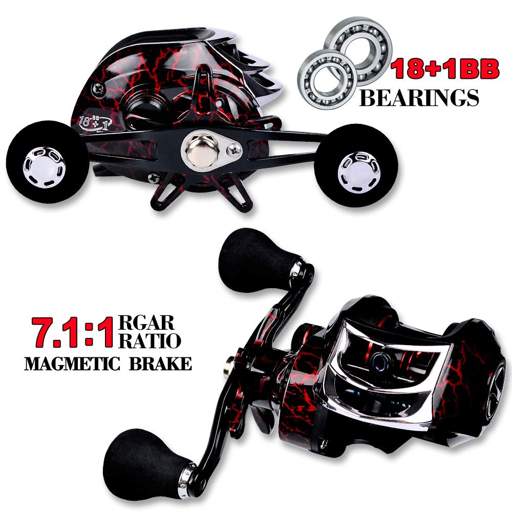 New UP 200kg Max Drag Fishing Reels 18+1BB Baitcasting Fishing Reel Magnetic Brake Baitcaster Fishing Reel for Saltwater Freshwater Fishing (red & Black, Left Hand)