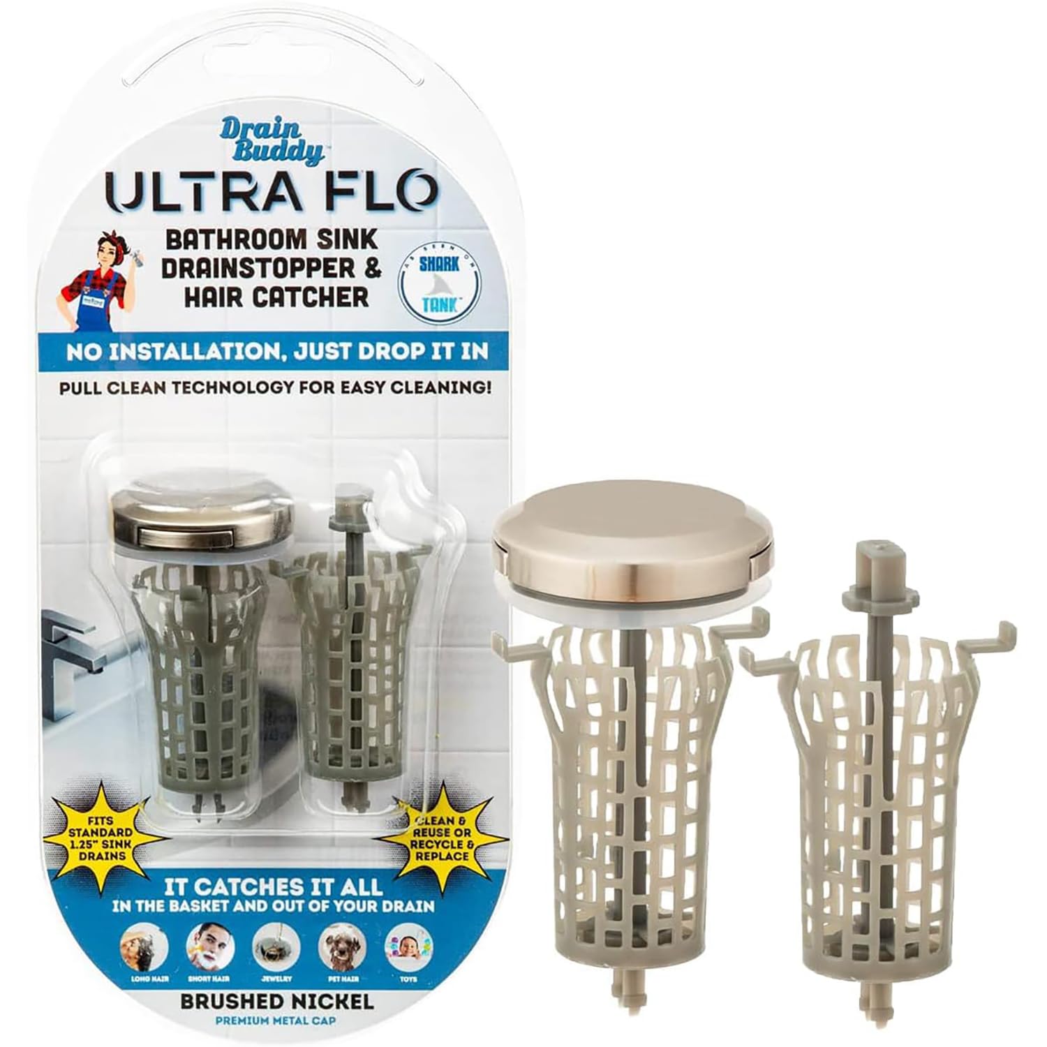 Drain Buddy Ultra Flo- 2 in 1 Bathroom Sink Stopper & Hair Catcher W/Patented Pull Clean Technology! | Fits 1.25” Sink Drains, Clog Preventing | Brushed Nickel Cap / 1 Replacement Basket