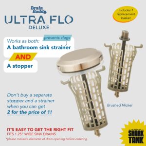 Drain Buddy Ultra Flo- 2 in 1 Bathroom Sink Stopper & Hair Catcher W/Patented Pull Clean Technology! | Fits 1.25” Sink Drains, Clog Preventing | Brushed Nickel Cap / 1 Replacement Basket