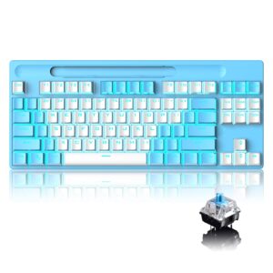 bluetooth mechanical gaming keyboard with multi backlit 87key anti-ghosting ergonomic wired/wireless 2.4ghz usb receiver rechargeable 3300mah battery for pc mac gamer typists (white blue/blue switch)