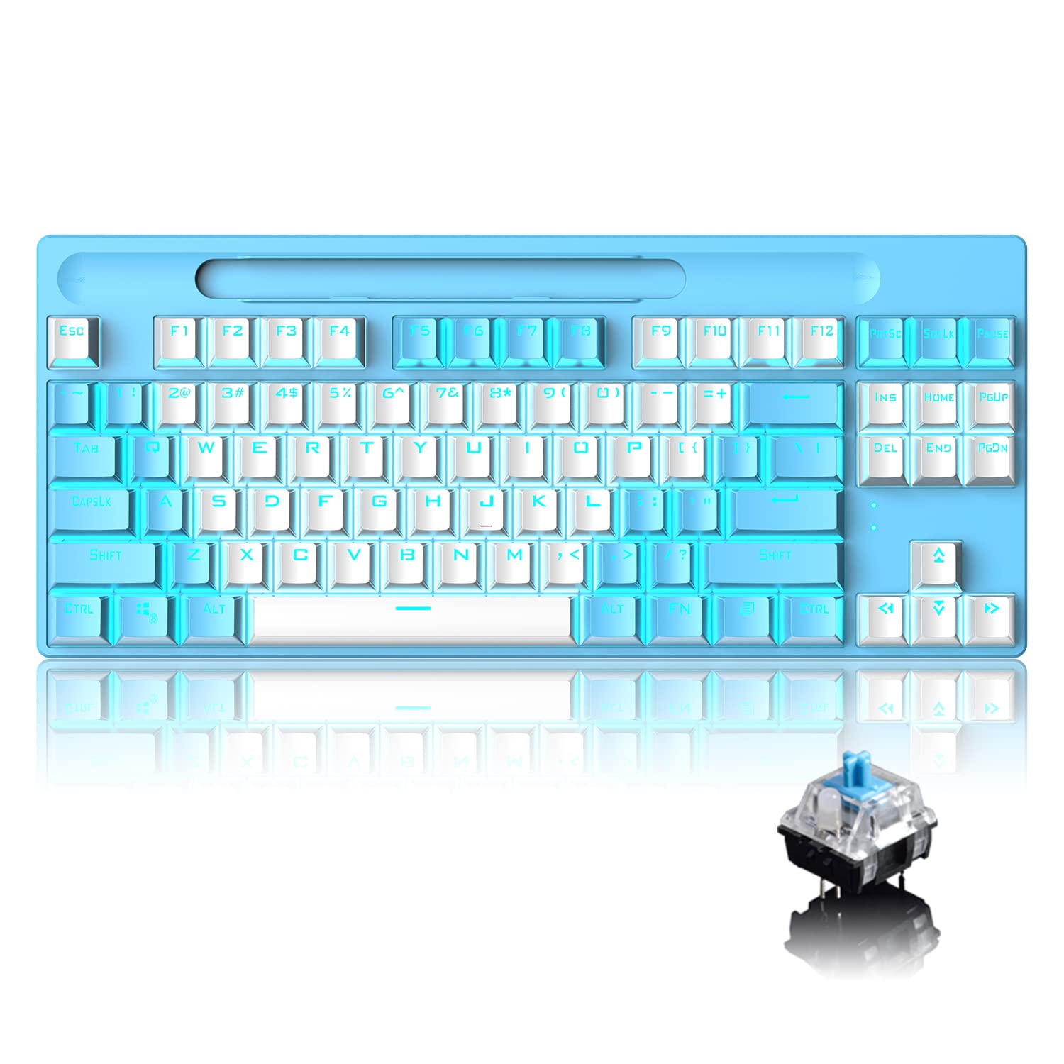 Bluetooth Mechanical Gaming Keyboard with Multi Backlit 87Key Anti-Ghosting Ergonomic Wired/Wireless 2.4Ghz USB Receiver Rechargeable 3300mAh Battery for PC Mac Gamer Typists (White Blue/Blue Switch)