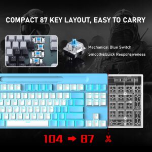 Bluetooth Mechanical Gaming Keyboard with Multi Backlit 87Key Anti-Ghosting Ergonomic Wired/Wireless 2.4Ghz USB Receiver Rechargeable 3300mAh Battery for PC Mac Gamer Typists (White Blue/Blue Switch)