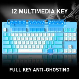 Bluetooth Mechanical Gaming Keyboard with Multi Backlit 87Key Anti-Ghosting Ergonomic Wired/Wireless 2.4Ghz USB Receiver Rechargeable 3300mAh Battery for PC Mac Gamer Typists (White Blue/Blue Switch)