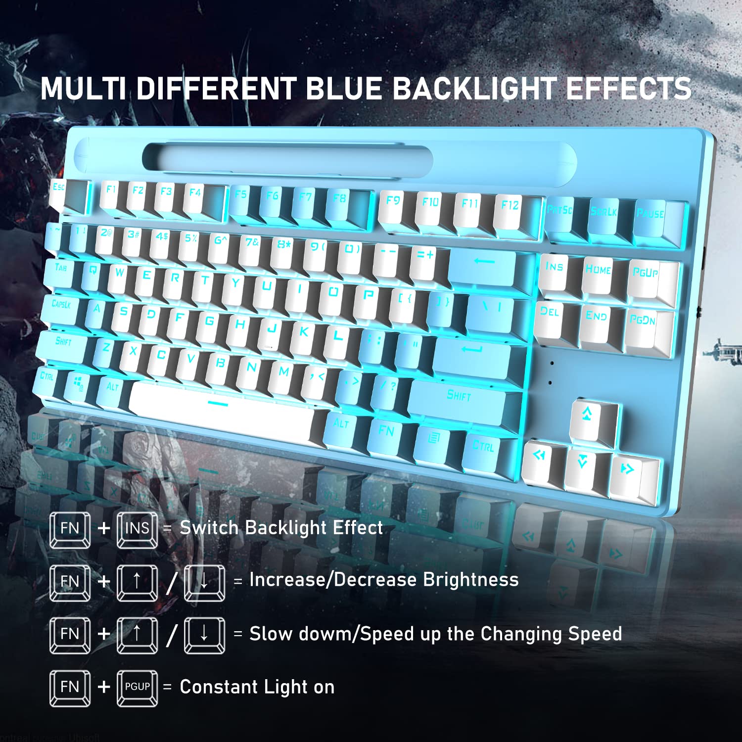 Bluetooth Mechanical Gaming Keyboard with Multi Backlit 87Key Anti-Ghosting Ergonomic Wired/Wireless 2.4Ghz USB Receiver Rechargeable 3300mAh Battery for PC Mac Gamer Typists (White Blue/Blue Switch)