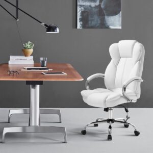 BestOffice Executive Task Rolling Swivel Lumbar Support for Home Office, White PU Leather Massage Ergonomic Desk Chair