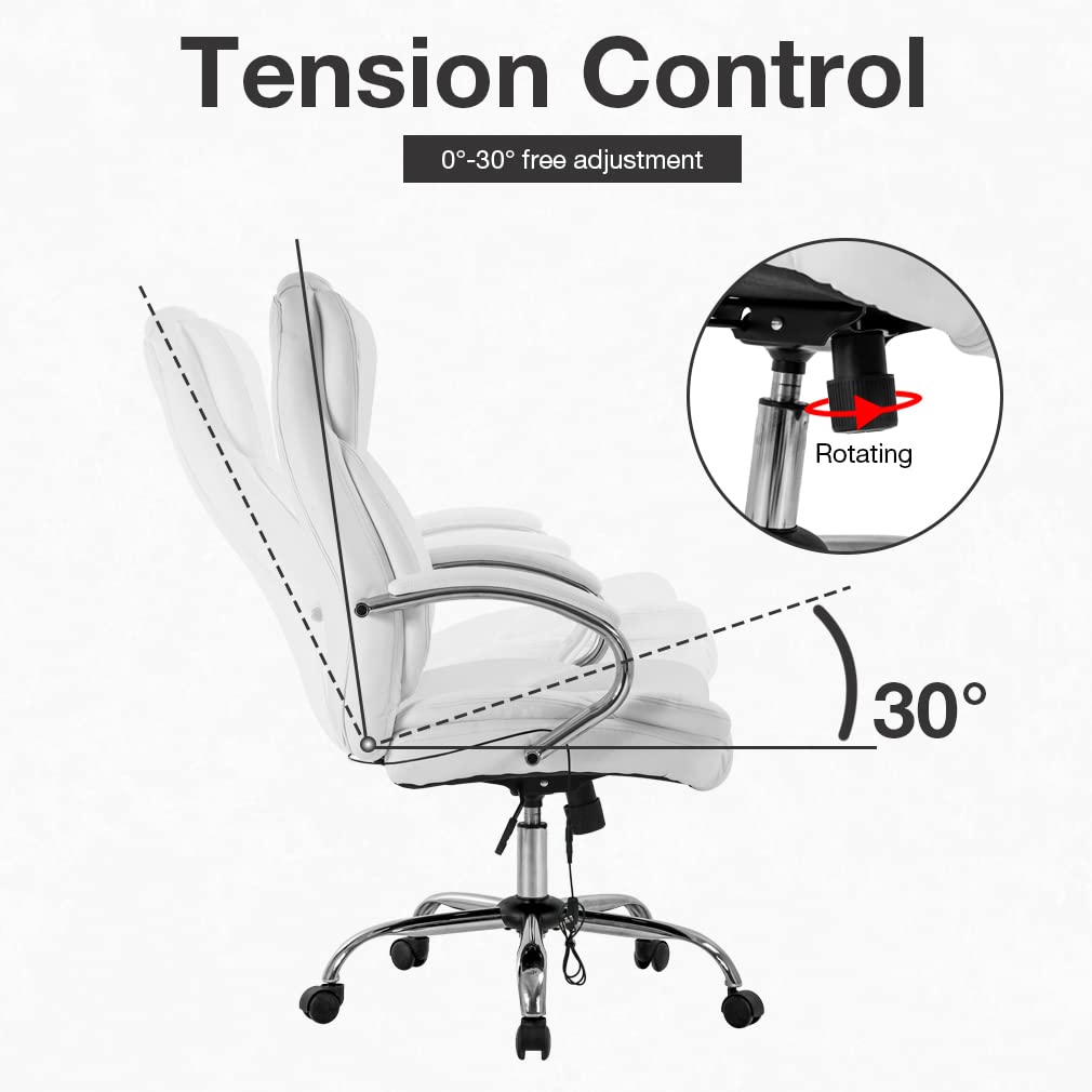 BestOffice Executive Task Rolling Swivel Lumbar Support for Home Office, White PU Leather Massage Ergonomic Desk Chair