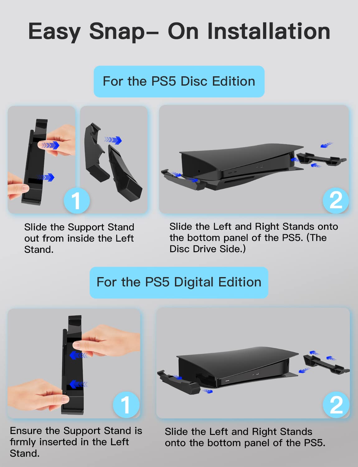 NexiGo PS5 Horizontal Stand with Slient Cooling Fan, [Auto On/Off], [Minimalist Design], Compatible with Playstation 5 Disc & Digital Editions, Built-in LED Light, Extra USB Port, Black