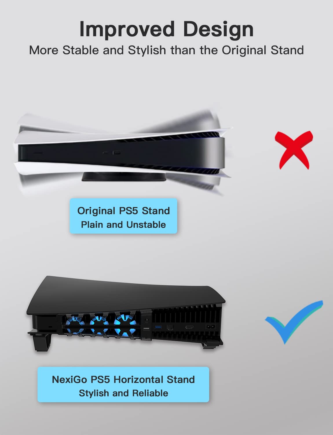 NexiGo PS5 Horizontal Stand with Slient Cooling Fan, [Auto On/Off], [Minimalist Design], Compatible with Playstation 5 Disc & Digital Editions, Built-in LED Light, Extra USB Port, Black