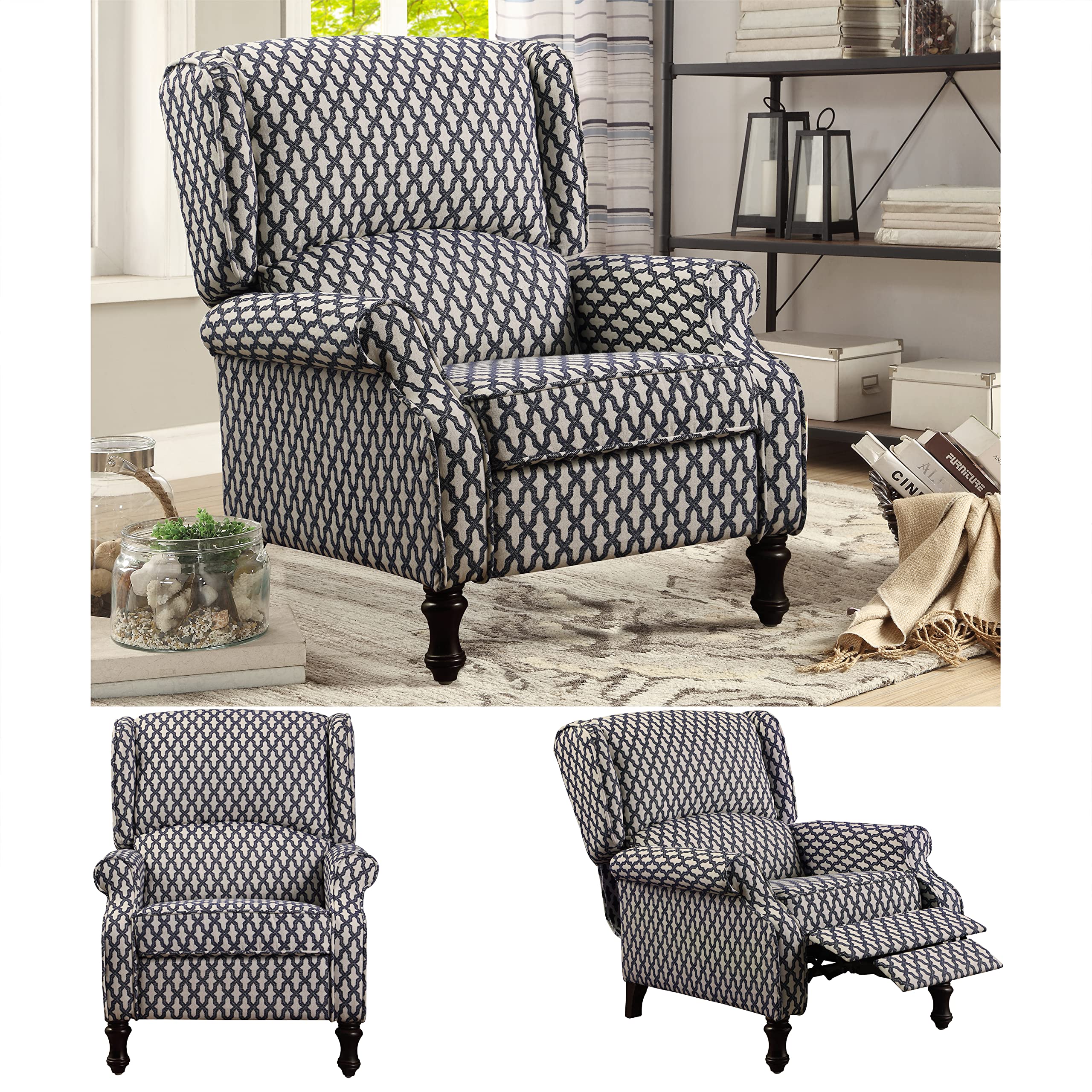 Rosevera Kelly Victoria Padded Push Back Recliner Chair for Living Room and Bedroom, Navy Blue