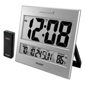 sharp atomic clock - atomic accuracy - never needs setting! -silver tech style - jumbo 3" easy to read numbers - indoor/outdoor temperature display with wireless outdoor sensor - easy set-up!