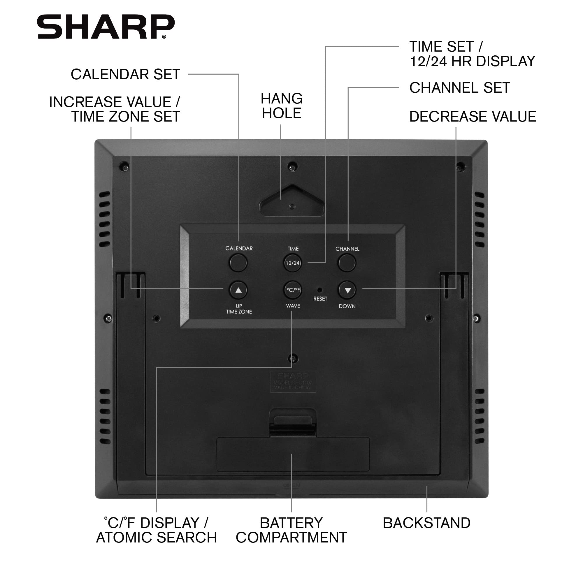 Sharp Atomic Clock - Atomic Accuracy - Never Needs Setting! -Silver Tech Style - Jumbo 3" Easy to Read Numbers - Indoor/Outdoor Temperature Display with Wireless Outdoor Sensor - Easy Set-Up!