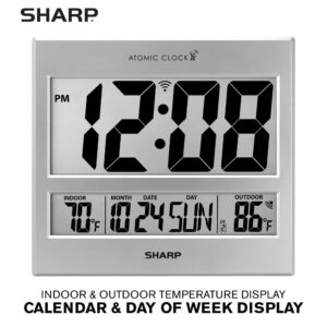 Sharp Atomic Clock - Atomic Accuracy - Never Needs Setting! -Silver Tech Style - Jumbo 3" Easy to Read Numbers - Indoor/Outdoor Temperature Display with Wireless Outdoor Sensor - Easy Set-Up!