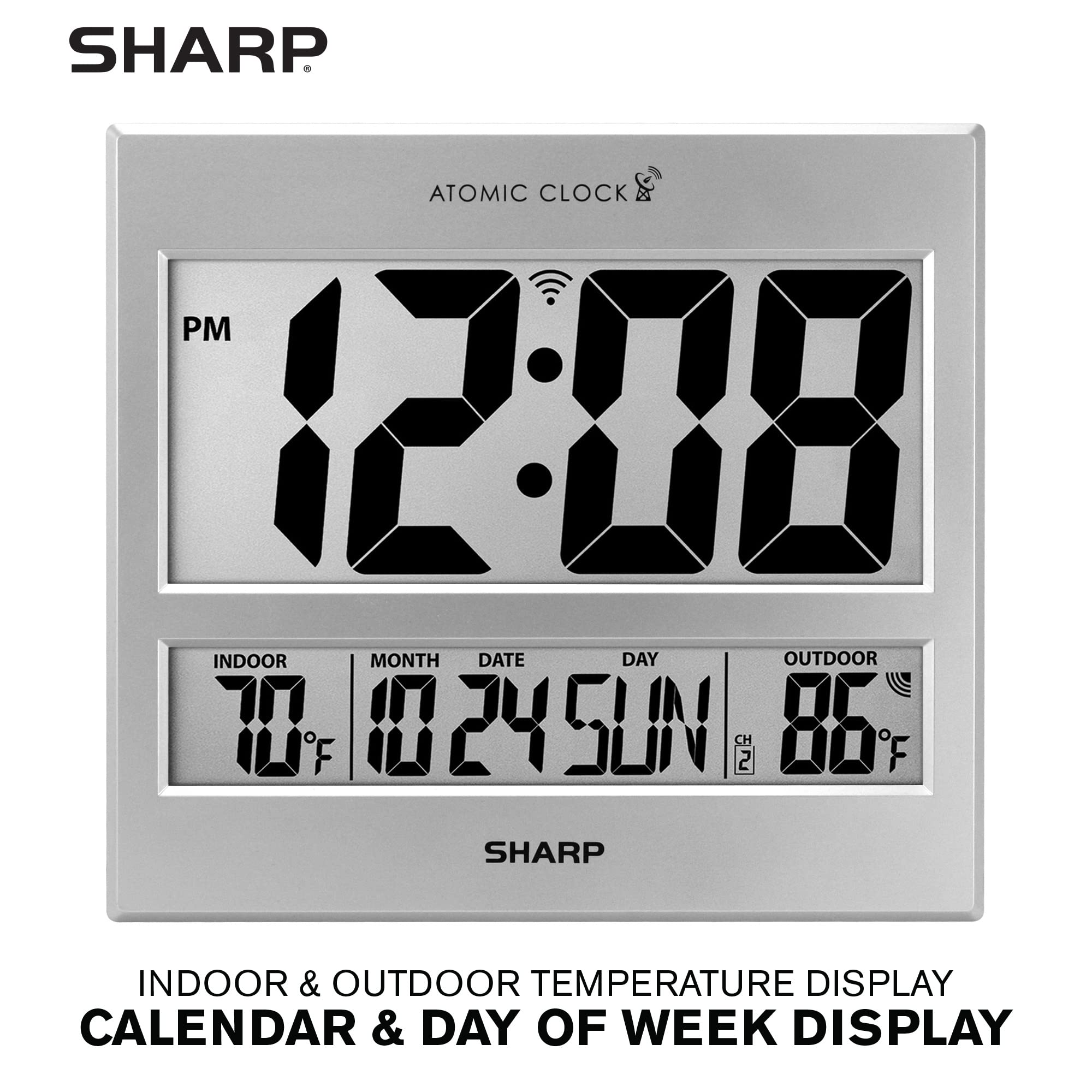 Sharp Atomic Clock - Atomic Accuracy - Never Needs Setting! -Silver Tech Style - Jumbo 3" Easy to Read Numbers - Indoor/Outdoor Temperature Display with Wireless Outdoor Sensor - Easy Set-Up!