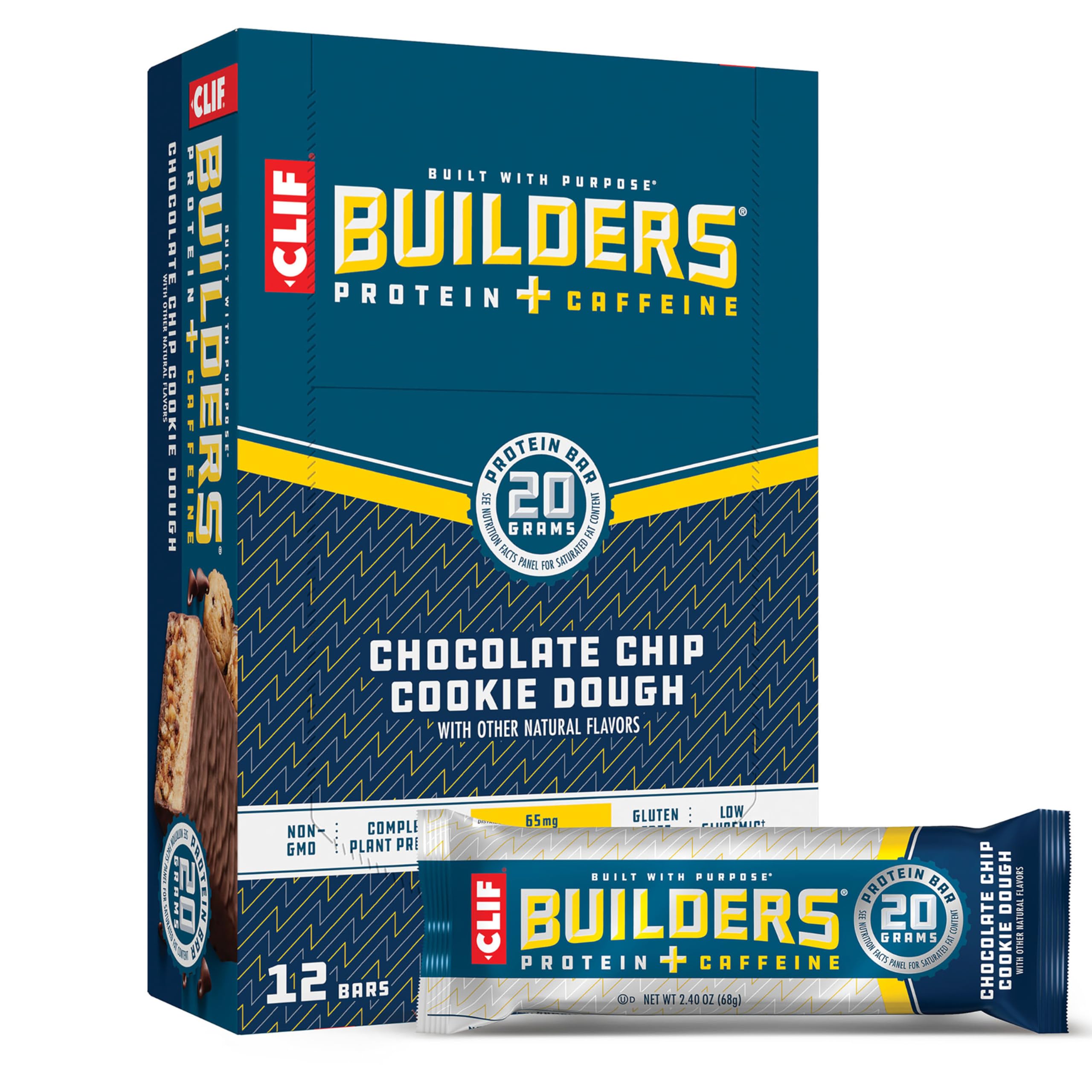 CLIF Builders + Caffeine - Chocolate Chip Cookie Dough Flavor - Protein Bars - Gluten-Free - Non-GMO - Low Glycemic - 20g Protein - 2.4 oz. (12 Count)