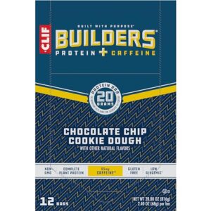 CLIF Builders + Caffeine - Chocolate Chip Cookie Dough Flavor - Protein Bars - Gluten-Free - Non-GMO - Low Glycemic - 20g Protein - 2.4 oz. (12 Count)