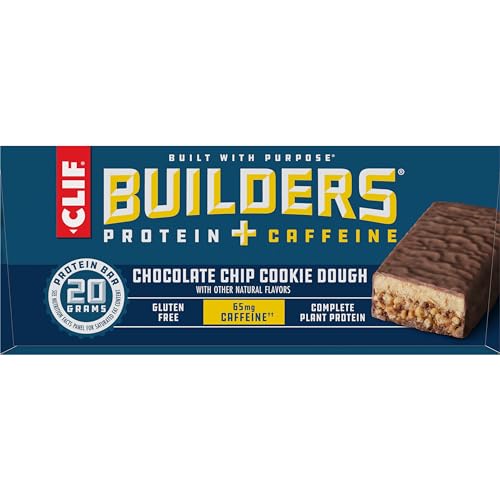 CLIF Builders + Caffeine - Chocolate Chip Cookie Dough Flavor - Protein Bars - Gluten-Free - Non-GMO - Low Glycemic - 20g Protein - 2.4 oz. (12 Count)