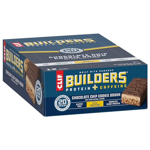 CLIF Builders + Caffeine - Chocolate Chip Cookie Dough Flavor - Protein Bars - Gluten-Free - Non-GMO - Low Glycemic - 20g Protein - 2.4 oz. (12 Count)