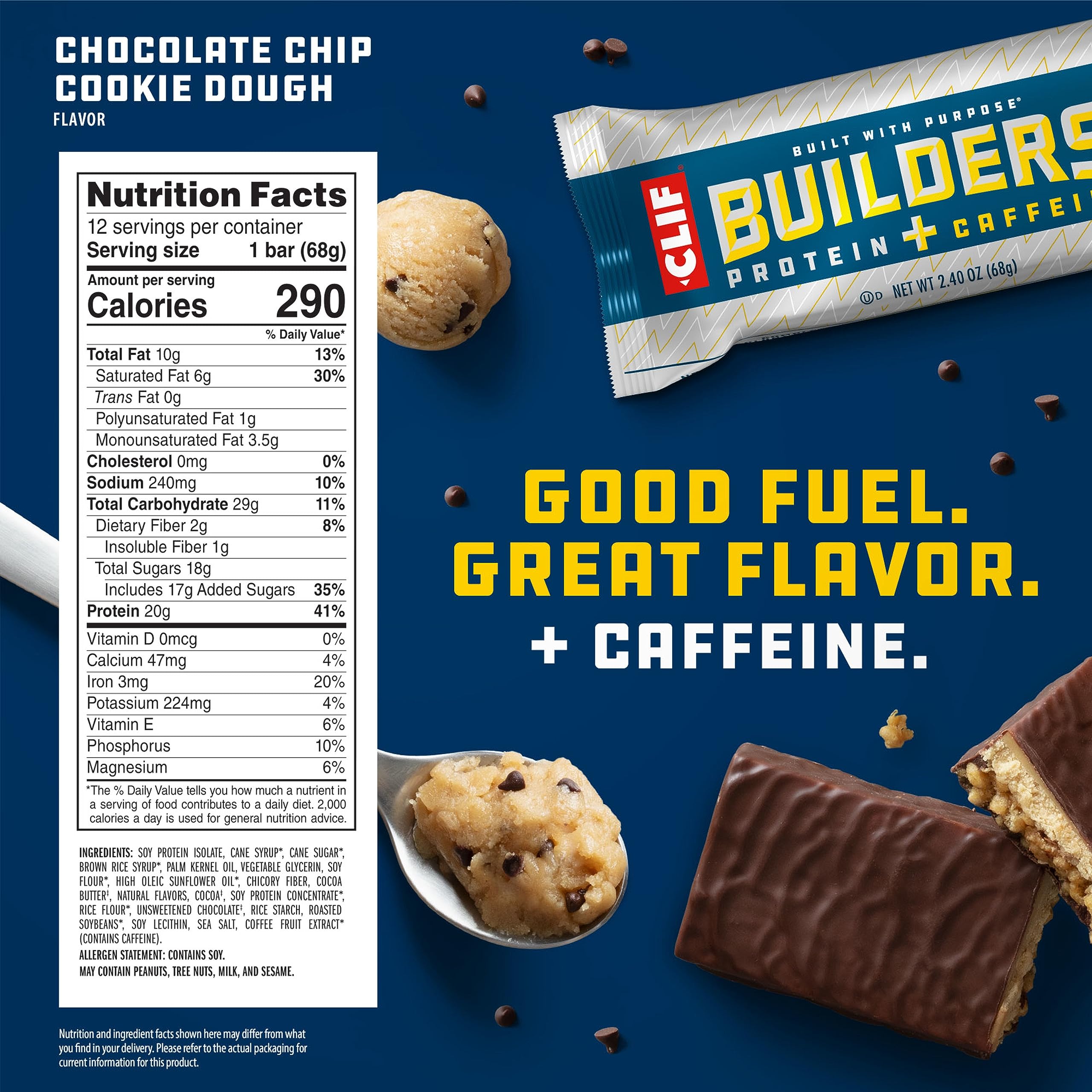 CLIF Builders + Caffeine - Chocolate Chip Cookie Dough Flavor - Protein Bars - Gluten-Free - Non-GMO - Low Glycemic - 20g Protein - 2.4 oz. (12 Count)