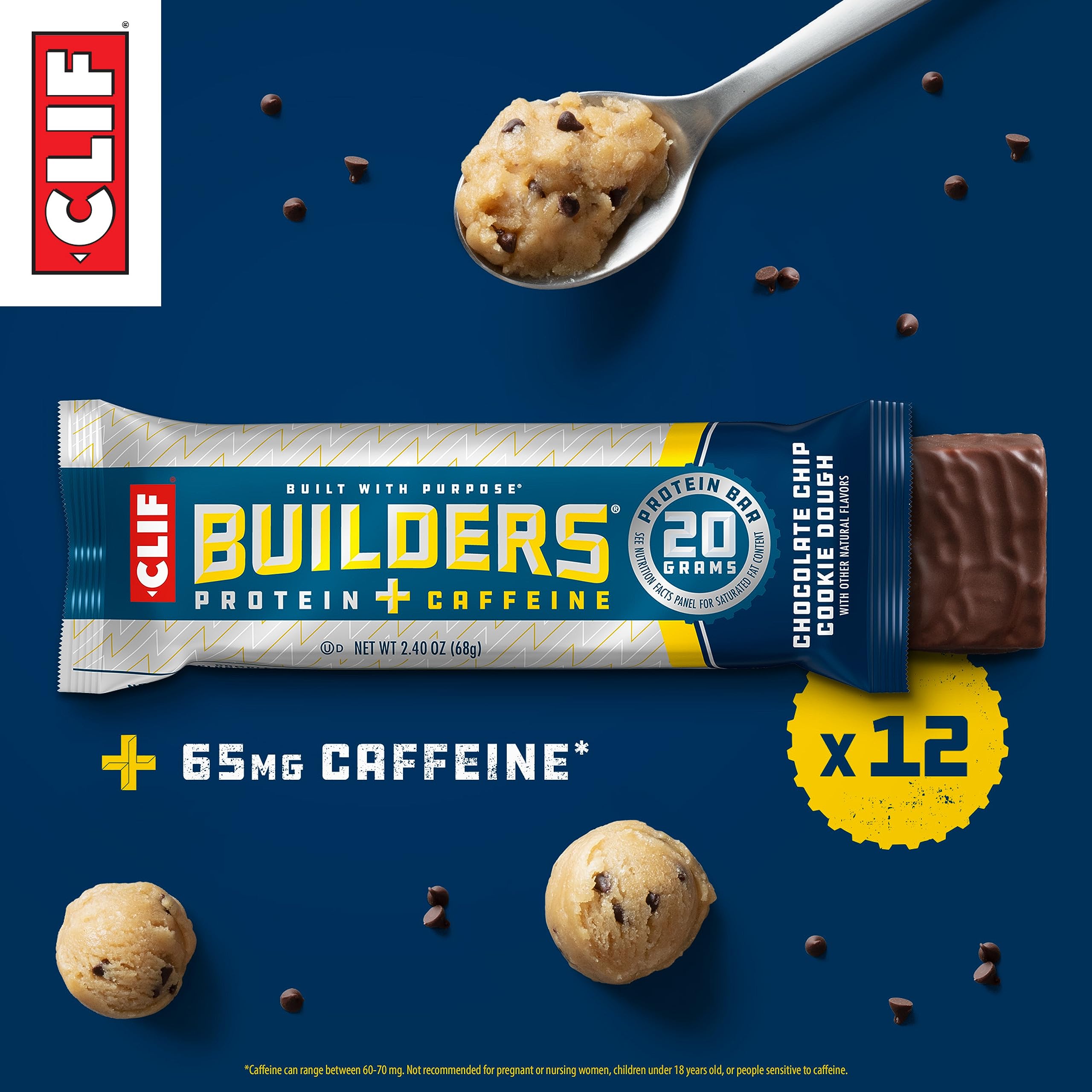 CLIF Builders + Caffeine - Chocolate Chip Cookie Dough Flavor - Protein Bars - Gluten-Free - Non-GMO - Low Glycemic - 20g Protein - 2.4 oz. (12 Count)