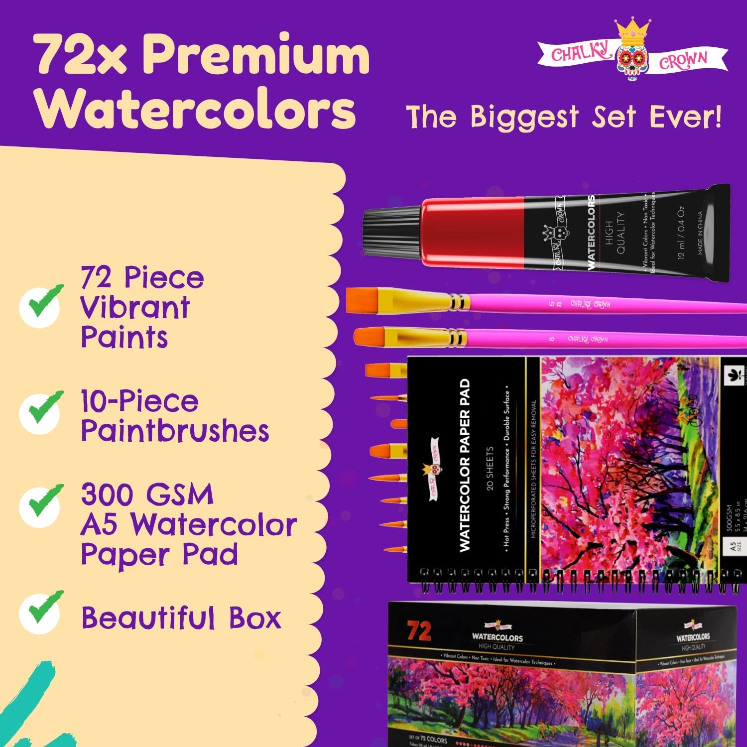 Watercolor Paint Set Kids - 72 Watercolor Paint Tubes, Watercolor Paints Paper Pad, 10 Paint Brushes - Watercolor Tubes, Watercolor Paint Kit for Water Color Painting, Kids Tube Paint, Kids Paint Set