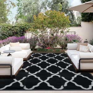 outdoorlines outdoor plastic area rugs for patio 5x8 ft - reversible outside carpet, stain & uv resistant rv mats, straw rug for camping, deck garden, porch and balcony, moroccan black & light grey