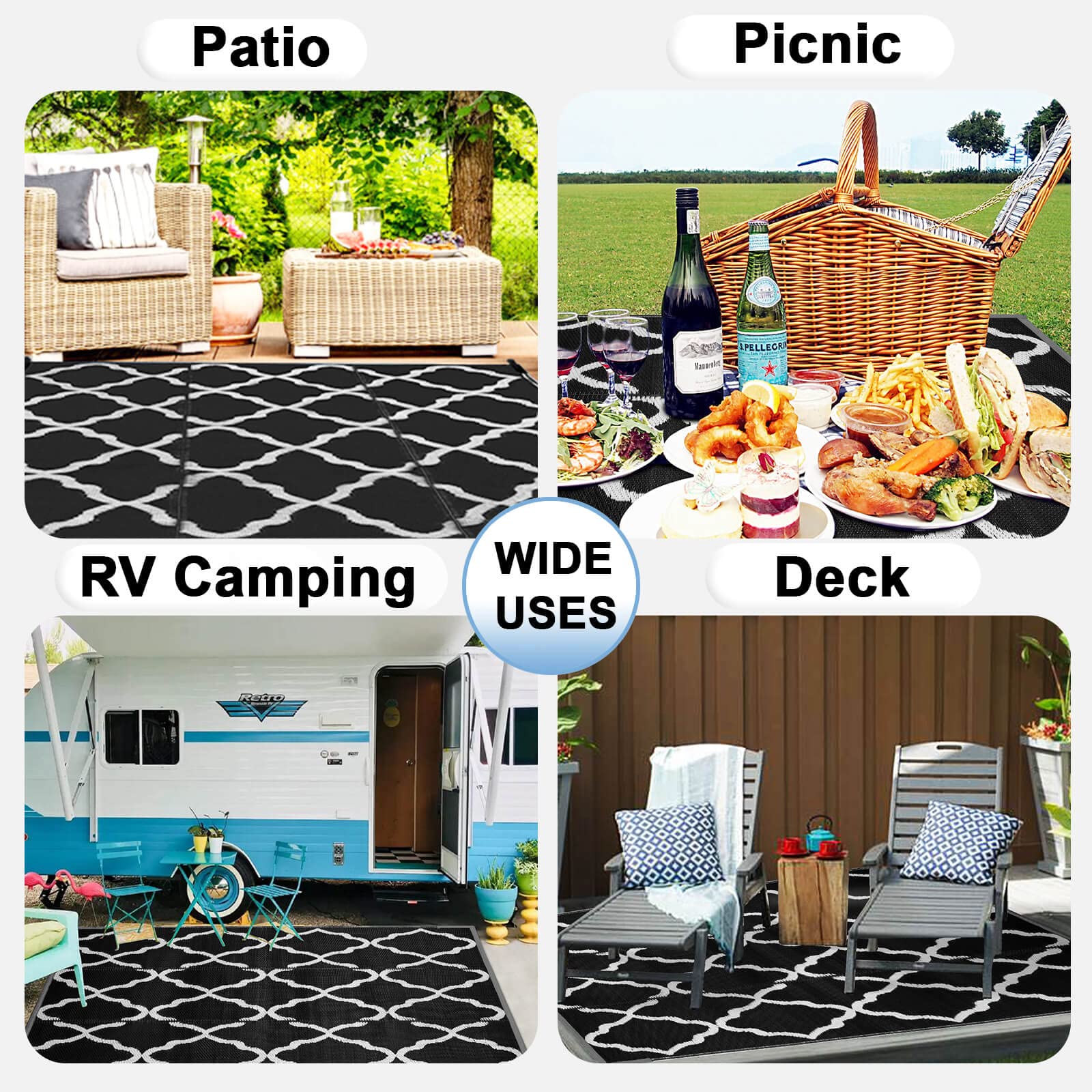 OutdoorLines Outdoor Plastic Area Rugs for Patio 5x8 ft - Reversible Outside Carpet, Stain & UV Resistant RV Mats, Straw Rug for Camping, Deck Garden, Porch and Balcony, Moroccan Black & Light Grey