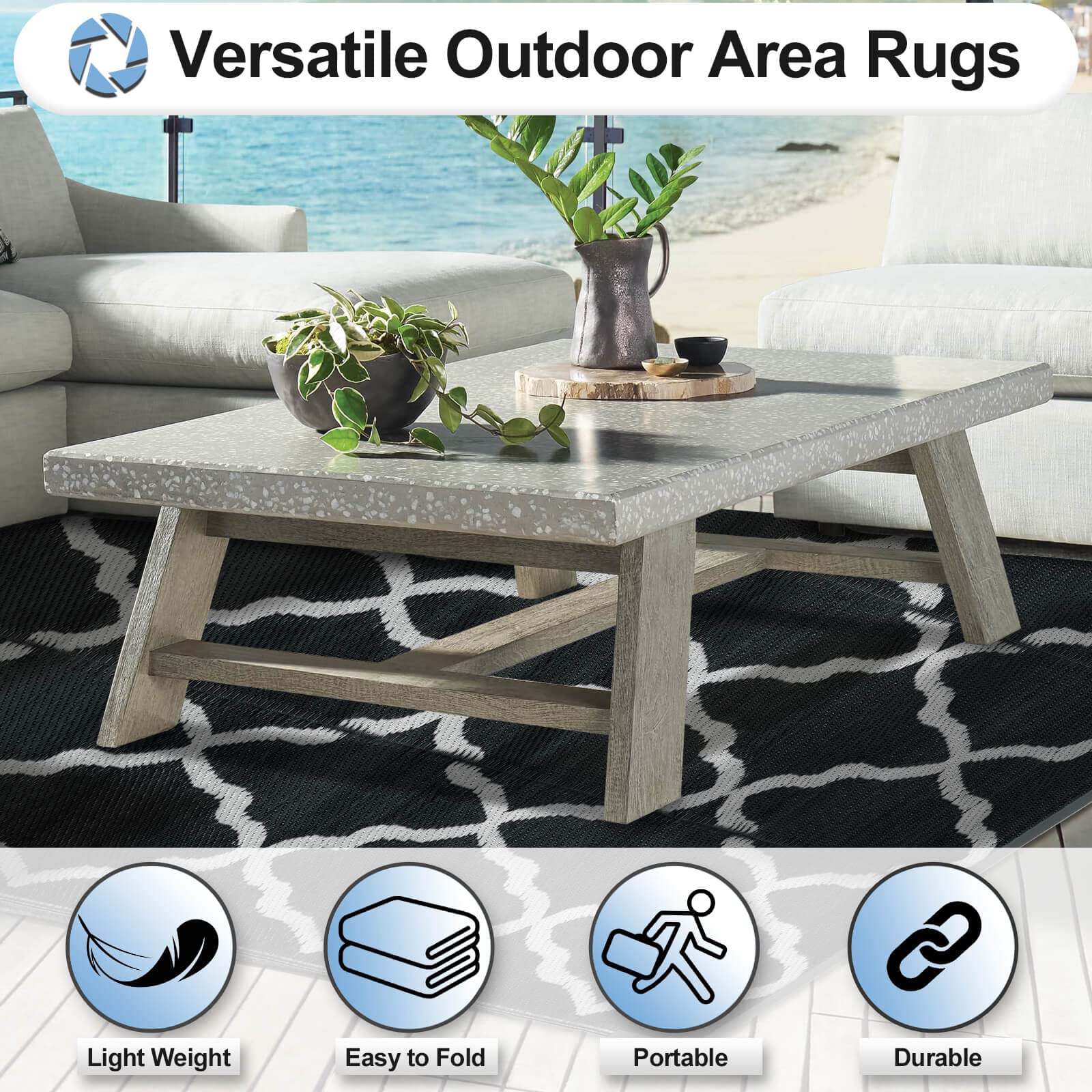 OutdoorLines Outdoor Plastic Area Rugs for Patio 5x8 ft - Reversible Outside Carpet, Stain & UV Resistant RV Mats, Straw Rug for Camping, Deck Garden, Porch and Balcony, Moroccan Black & Light Grey