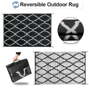 OutdoorLines Outdoor Plastic Area Rugs for Patio 5x8 ft - Reversible Outside Carpet, Stain & UV Resistant RV Mats, Straw Rug for Camping, Deck Garden, Porch and Balcony, Moroccan Black & Light Grey