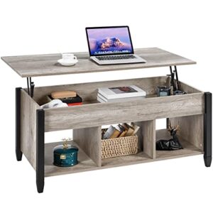 Yaheetech Gray Coffee Table, 47.5in Lift Top Coffee Table with Storage Hidden Compartment and 3 Open Shelves, Wooden Rustic Rising Center Table for Living Room