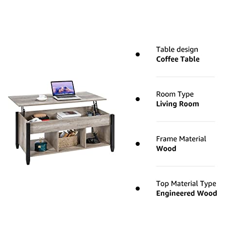 Yaheetech Gray Coffee Table, 47.5in Lift Top Coffee Table with Storage Hidden Compartment and 3 Open Shelves, Wooden Rustic Rising Center Table for Living Room