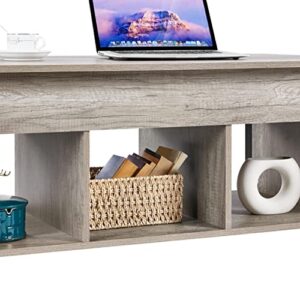 Yaheetech Gray Coffee Table, 47.5in Lift Top Coffee Table with Storage Hidden Compartment and 3 Open Shelves, Wooden Rustic Rising Center Table for Living Room