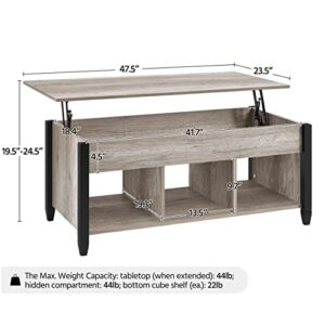 Yaheetech Gray Coffee Table, 47.5in Lift Top Coffee Table with Storage Hidden Compartment and 3 Open Shelves, Wooden Rustic Rising Center Table for Living Room