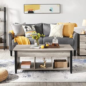 Yaheetech Gray Coffee Table, 47.5in Lift Top Coffee Table with Storage Hidden Compartment and 3 Open Shelves, Wooden Rustic Rising Center Table for Living Room