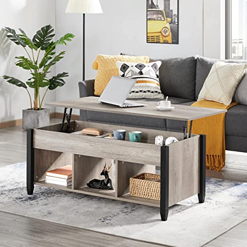 Yaheetech Gray Coffee Table, 47.5in Lift Top Coffee Table with Storage Hidden Compartment and 3 Open Shelves, Wooden Rustic Rising Center Table for Living Room