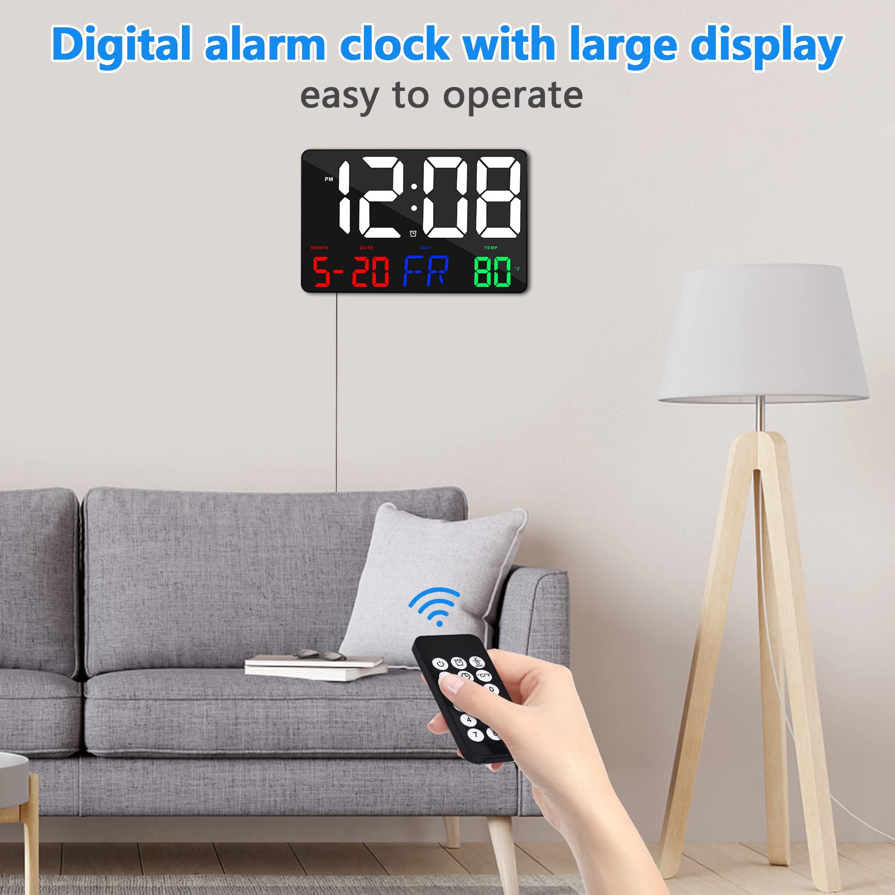 Digital Wall Clock,11.5" LED Digital Alarm Clock Large Display,with Remote Control,Adjustable Brightness, Calendar, Temperature, Snooze, 12/24 H, for Living Room, Office, Bedroom, Elderly, Adults